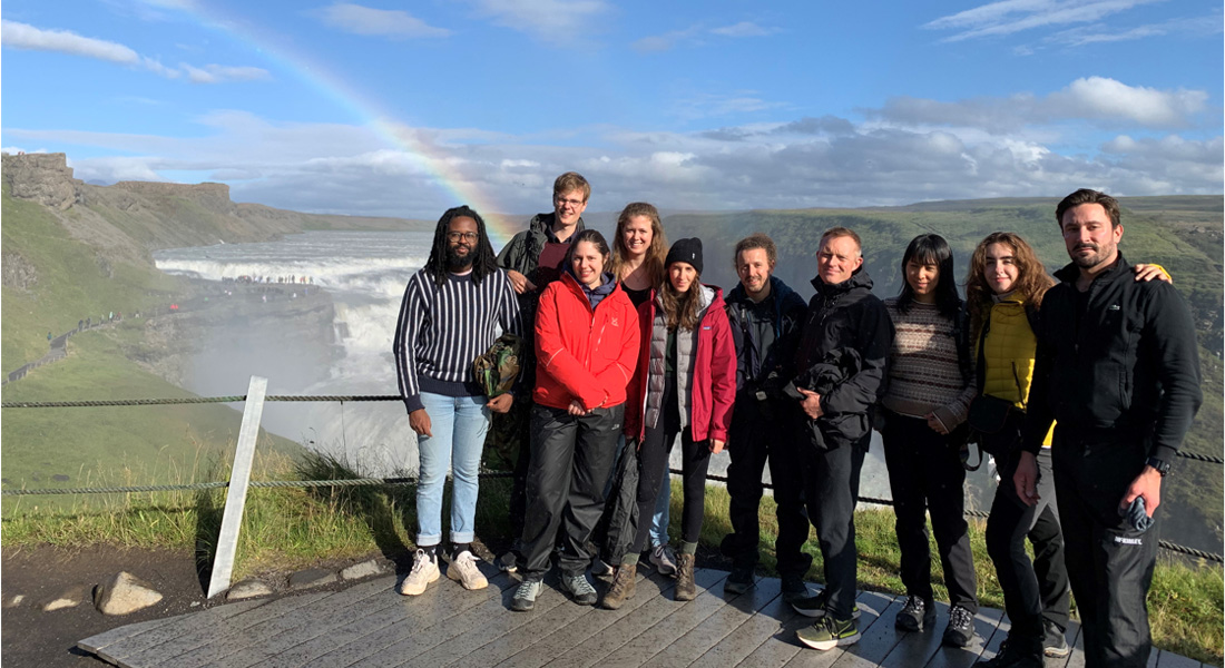 Nilson lab members in front of waterfall